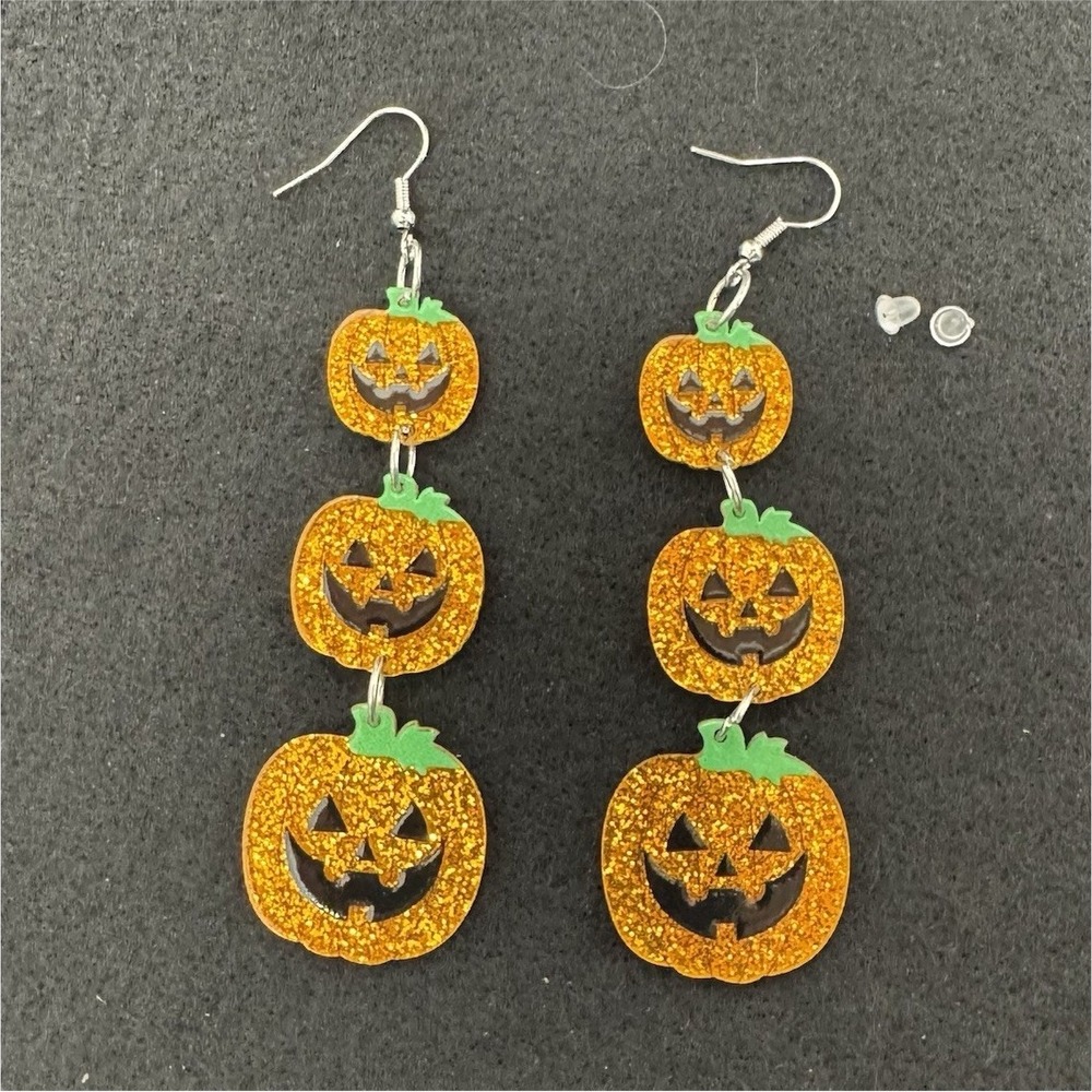 Glitter Jack-O'-Lantern Pumpkin Dangle Hook Earrings Acrylic Orange Green
